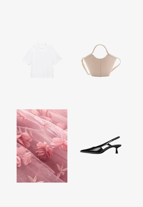 White cotton short-sleeve t-shirt with a round neckline. Simple design, loose fit, smooth texture. No patterns or accents visible.; Pink tulle fabric featuring floral appliqués and embroidered leaf patterns, with a soft, sheer texture and layered appearance.; Black patent leather slingback heels with a pointed toe, cut-out side design, and a small square heel. Smooth texture with minimal accents.; Beige leather handbag with a unique shape, featuring two short handles and a long adjustable strap. Smooth texture with minimal hardware.