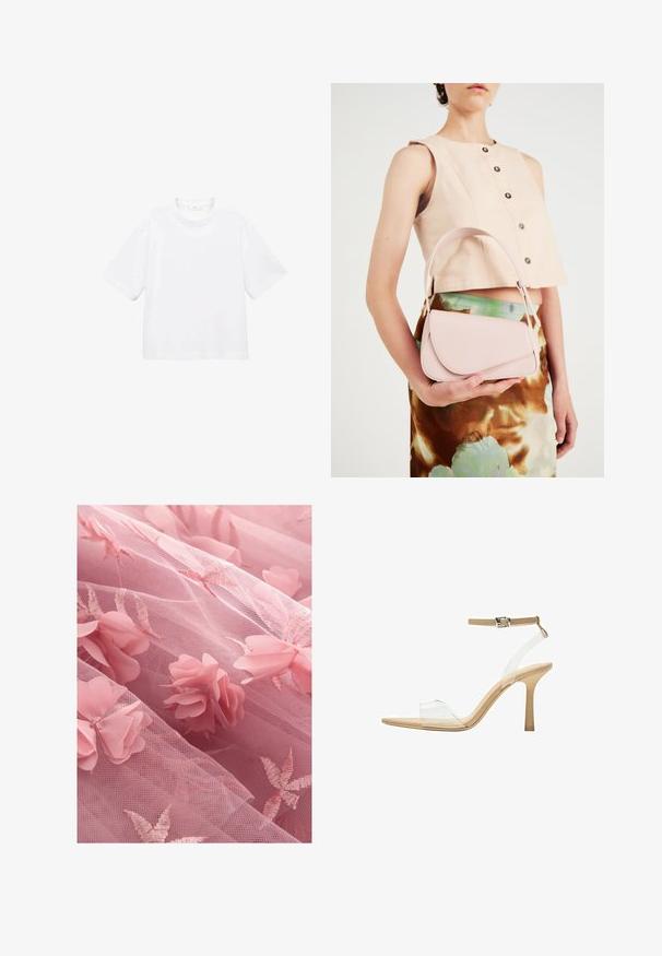 Tricou alb din bumbac, cu mânecă scurtă și guler rotund. Design simplu, croială lejeră, textură fină. Nu sunt vizibile modele sau accente.; Țesătură de tull roz cu aplicații florale și modele de frunze brodate, cu o textură moale, transparentă și un aspect stratificat.; Sandalie cu toc transparent, cu un brad transparent, talpă bej și o curea subțire pentru glezna. Au vârf ascuțit și un toc subțire înalt.; Geantă de piele roz cu clapetă curbată, curea simplă pentru umăr și linii curate. Geanta prezintă o textură netedă și un design minimalistic.