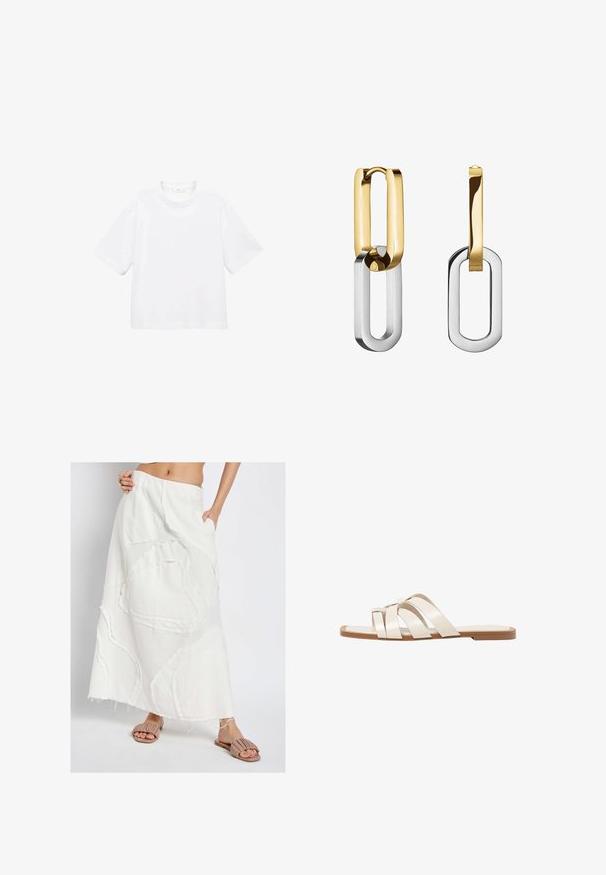 T-shirt blanc en coton à manches courtes avec un col rond. Design simple, coupe décontractée, texture lisse. Aucun motif ni accent visible.; Jupe maxi en lin blanc avec des formes abstraites cousues, ourlet brut et poches latérales ; associée à des sandales beiges à enfiler.; Sandales plates avec une semelle en caoutchouc beige, conçues avec trois brides en cuir blanc se chevauchant et un petit nœud au centre.; Boucles d'oreilles en métal doré et argenté présentant des boucles rectangulaires entrelacées avec une finition lisse et une texture polie.