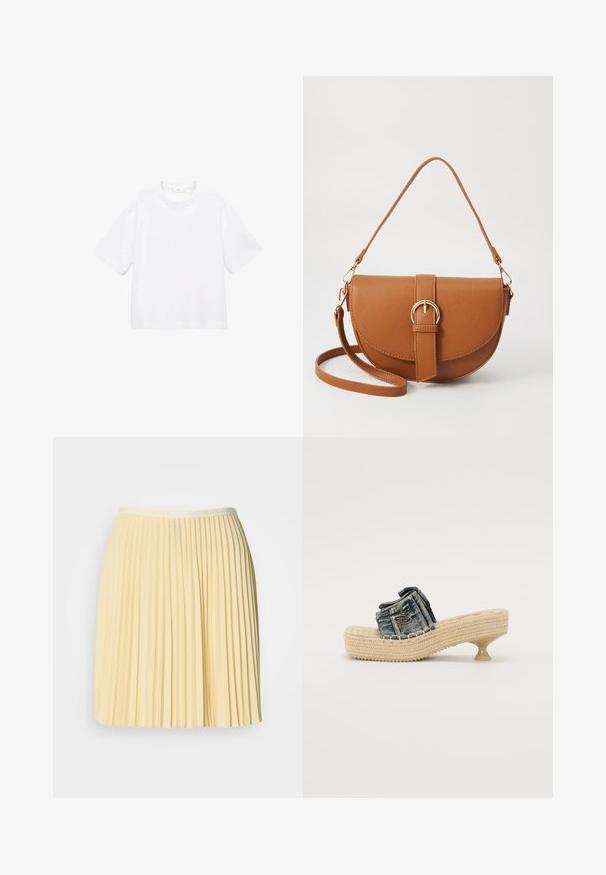 Witte katoenen t-shirt met korte mouwen en een ronde hals. Eenvoudig ontwerp, losse pasvorm, gladde textuur. Geen patronen of accenten zichtbaar.; Pale gele geplooide rok met een tailleband waarop het Lacoste-logo staat. Gemaakt van lichtgewicht materiaal, heeft het een vloeiende design en een gladde textuur.; Denim instapsandaal met gevlochten platform en kleine hak. Voorzien van decoratieve stiksels en een metalen accent op de bovenste band.; Bruine leren schoudertas met een gebogen vorm, gouden hardware en een gespaccent. Bevat een afneembare schouderriem.
