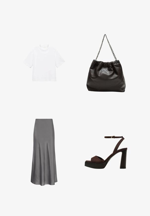 Weißes Baumwoll-T-Shirt mit kurzen Ärmeln und rundem Ausschnitt. Einfaches Design, lockere Passform, glatte Textur. Keine Muster oder Verzierungen sichtbar.; Moves HEBRY - Maxirock - castlerock; Braune Wildleder-Pumps mit offenem Zeh, verstellbarem Knöchelriemen und gestreiftem Plateausohlen.; Braune Lederhandtasche mit gerafftem Oberteil und Kettenriemen. Glatte Textur mit glänzendem Finish und subtilen Nahtdetails an den Seiten.