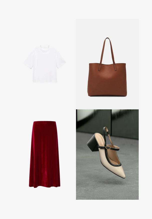 Witte katoenen t-shirt met korte mouwen en een ronde hals. Eenvoudig ontwerp, losse pasvorm, gladde textuur. Geen patronen of accenten zichtbaar.; Rode fluwelen midi rok met een gladde textuur, uitlopende ontwerpen en een tailleband. De zoom eindigt net onder de knie. Geen zichtbare accenten.; Beige puntige slingback schoen met zwarte rand, gouden gesp en een chunky blokhak op een grijze vloer met een donker groene achtergrond.; Bruine leren tote bag met een gladde textuur, een ontwerp met een open bovenkant en twee schouderbanden. Kenmerkt zich door minimale stiksels en geen zichtbare hardware.