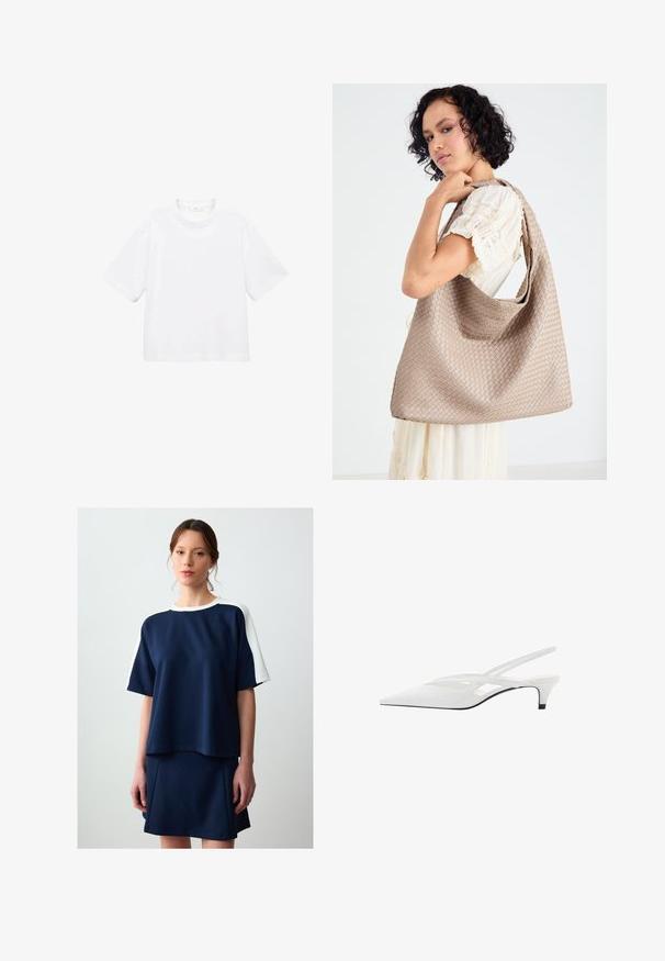 T-shirt blanc en coton à manches courtes avec un col rond. Design simple, coupe décontractée, texture lisse. Aucun motif ni accent visible.; Haut décontracté bleu marine avec des accents blancs sur les épaules, à manches courtes et à coupe décontractée, associé à une jupe slim assortie. Texture lisse.; Escarpin blanc à brides arrière avec un bout pointu, présentant un dessus lisse, des découpes discrètes et un petit talon bloc. La semelle noire met en valeur le design.; Sac fourre-tout tissé beige avec un design décontracté et une seule sangle pour l'épaule. Présente un motif texturé sur toute la surface.