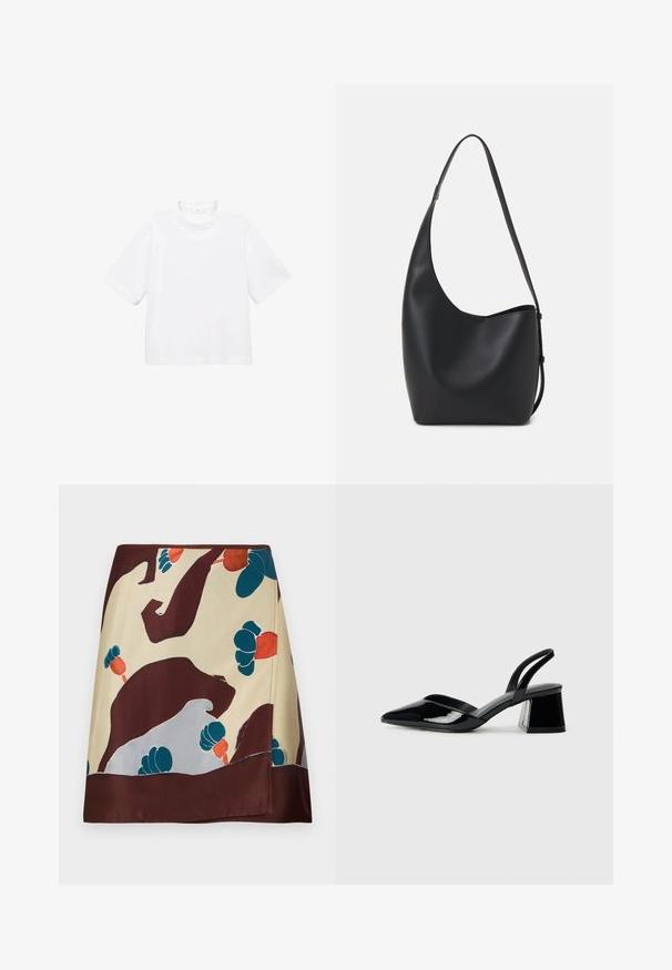 Bela bombažna majica s kratkimi rokavi in okroglo ovratnikom. Preprost dizajn, ohlapen kroj, gladka tekstura. Brez vzorcev ali vidnih poudarkov.; Svilena krila z bež osnovo in abstraktnimi burgundskimi, teal in rdečimi cvetličnimi vzorci; rob ima temno burgundski zaključek.; Črne lakirane slingback pete s koničastim nosom in geometrijsko blokasto peto. Imajo eleganten, minimalističen dizajn in gladko teksturo.; Črna usnjena hobo torba z gladko teksturo, ukrivljeno obliko in eno nastavljivo naramnico; ima širok odprtina na vrhu.