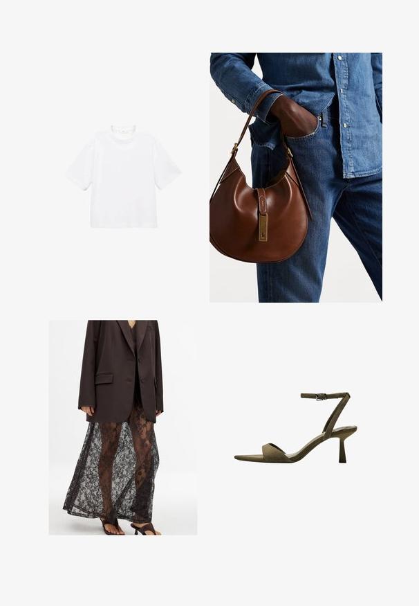 T-shirt blanc en coton à manches courtes avec un col rond. Design simple, coupe décontractée, texture lisse. Aucun motif ni accent visible.; Blazer marron surdimensionné sur une jupe en dentelle noire transparente avec des motifs floraux, associé à des sandales à talons noires.; Bershka WITH ANKLE STRAP - Sandales - mottled green; Sac en cuir marron de style hobo avec une forme arrondie, mettant en avant un accent en métal doré et des coutures contrastantes. Assorti à une chemise en denim et un jean.
