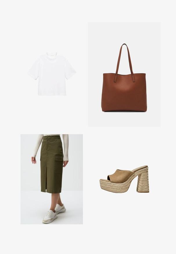 T-shirt blanc en coton à manches courtes avec un col rond. Design simple, coupe décontractée, texture lisse. Aucun motif ni accent visible.; Jupe midi vert olive en mélange de coton, dotée d'une fente devant et de grandes poches latérales, associée à des baskets blanches.; Mules en suède marron à plateforme avec une ouverture à l'avant, présentant un talon en jute tressé épais et un design supérieur lisse et arrondi.; Sac fourre-tout en cuir marron avec une texture lisse, design à ouverture supérieure et deux poignées pour le porter à l'épaule. Présente des coutures minimales et aucun matériel visible.