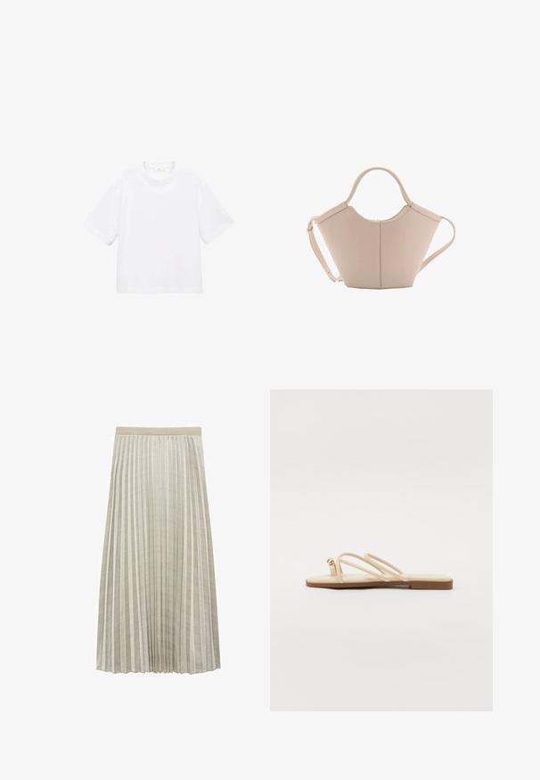Bela bombažna majica s kratkimi rokavi in okroglo ovratnikom. Preprost dizajn, ohlapen kroj, gladka tekstura. Brez vzorcev ali vidnih poudarkov.; Mango Dolgo krilo - silver-coloured; Bežne ravne sandale s tremi tankimi trakovi in majhnim zaobljenim zlatim okrasom. Gladek material s minimalističnim dizajnom in rjavim podplatom.; Bežna usnjena torbica edinstvene oblike, z dvema kratkima ročajema in dolgim nastavljivim trakom. Gladka tekstura z minimalno kovinsko opremo.