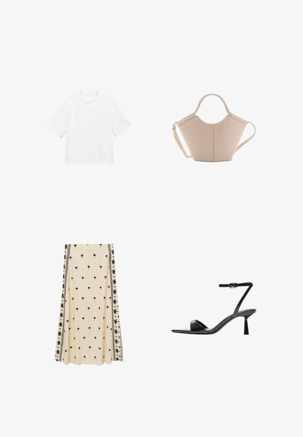 Witte katoenen t-shirt met korte mouwen en een ronde hals. Eenvoudig ontwerp, losse pasvorm, gladde textuur. Geen patronen of accenten zichtbaar.; Crème-kleurige rok met een klein zwart palmboomprint, met ingewikkelde zwarte randpatronen langs de zijkanten, gemaakt van lichtgewicht stof.; Bershka Sandalen met hoge hak - black; Beige leren handtas met een unieke vorm, voorzien van twee korte handvatten en een lange verstelbare schouderriem. Glad oppervlak met minimale hardware.