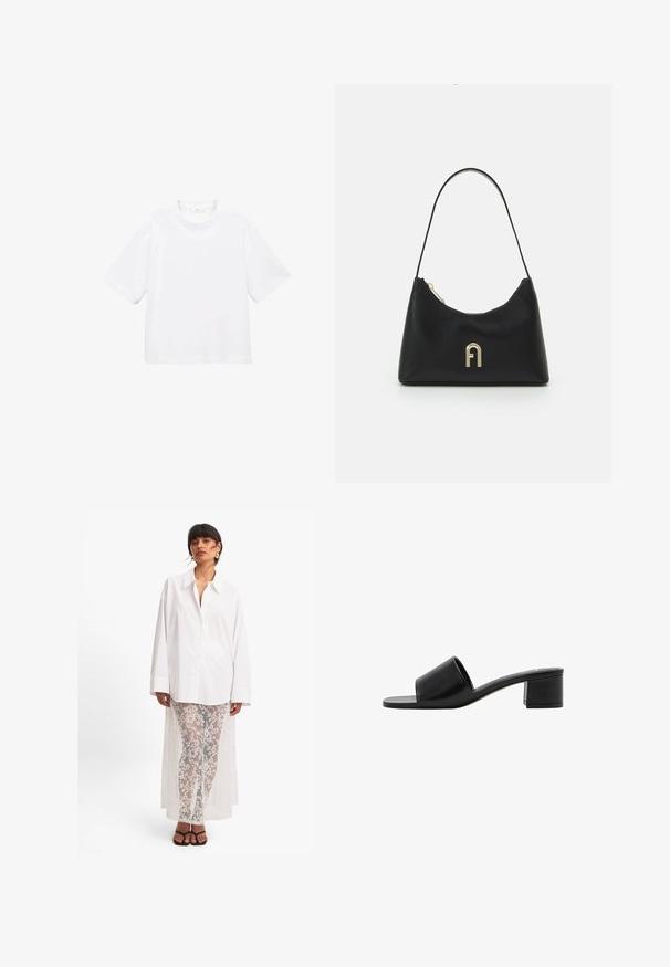 Weißes Baumwoll-T-Shirt mit kurzen Ärmeln und rundem Ausschnitt. Einfaches Design, lockere Passform, glatte Textur. Keine Muster oder Verzierungen sichtbar.; Weißes Hemd mit langen Ärmeln, kombiniert mit durchsichtigen weißen Spitzenhosen mit floralem Muster und einem langen Rückenteil. Schwarze Sandalen.; Schwarze Leder-Sandale mit offenem Zehenbereich, breitem Riemen und solidem Blockabsatz. Sie zeichnet sich durch eine glatte Textur und ein minimales Design aus.; Schwarze Handtasche aus glattem Material, mit geschwungener Form, einem einzigen Tragegurt und einem goldfarbenen Logoakzent auf der Vorderseite.