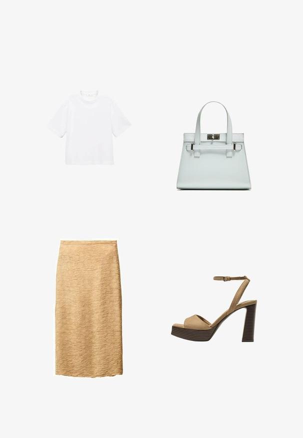 Bijela pamučna majica kratkih rukava s okruglim izrezom. Jednostavan dizajn, slobodan kroj, glatka tekstura. Nema vidljivih uzoraka ili akcenta.; Bež suknja do koljena s teksturiranom površinom, koja ima suptilan uzorak valova. Izrađena od lagane tkanine.; Beige suedirane sandale s visokim potpeticama, širokom prednjom trakom i trakicom oko gležnja, s debelom drvenom blok-potpeticom s teksturiranim završetkom.; Svijetloplavi ručni kovčeg sa strukturiranim dizajnom, dva držača i kopčom od srebrnastog metala. Teksturirani materijal i oštri kutovi.