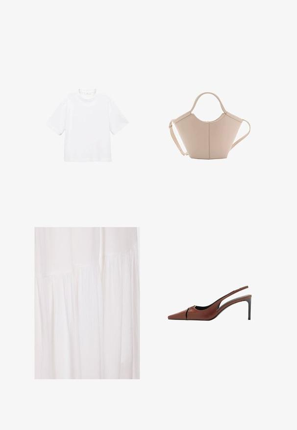 Bela bombažna majica s kratkimi rokavi in okroglo ovratnikom. Preprost dizajn, ohlapen kroj, gladka tekstura. Brez vzorcev ali vidnih poudarkov.; Bela obleka iz blaga z teksturirano površino, mehkim naborkom in neurejenimi oblikovalskimi elementi, ki ustvarjajo tekočo silhueto.; Rjavi usnjeni slingback čevelj z ostro konico, izrezom na vampu in elegantno stiletnasto peto. Gladka tekstura.; Bežna usnjena torbica edinstvene oblike, z dvema kratkima ročajema in dolgim nastavljivim trakom. Gladka tekstura z minimalno kovinsko opremo.