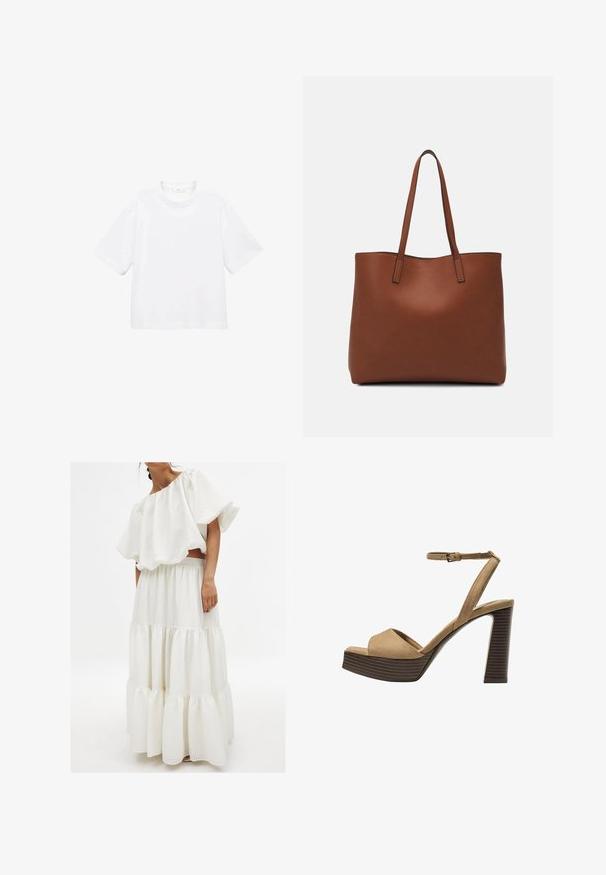 T-shirt blanc en coton à manches courtes avec un col rond. Design simple, coupe décontractée, texture lisse. Aucun motif ni accent visible.; Ensemble blanc en deux pièces comprenant un top texturé à épaules dénudées avec de grandes manches et une jupe à volants avec une taille élastique.; Sandales à talons hauts en suede beige avec une large bride avant et une bride à la cheville, dotées d'un chunky talon en bois avec une finition texturée.; Sac fourre-tout en cuir marron avec une texture lisse, design à ouverture supérieure et deux poignées pour le porter à l'épaule. Présente des coutures minimales et aucun matériel visible.
