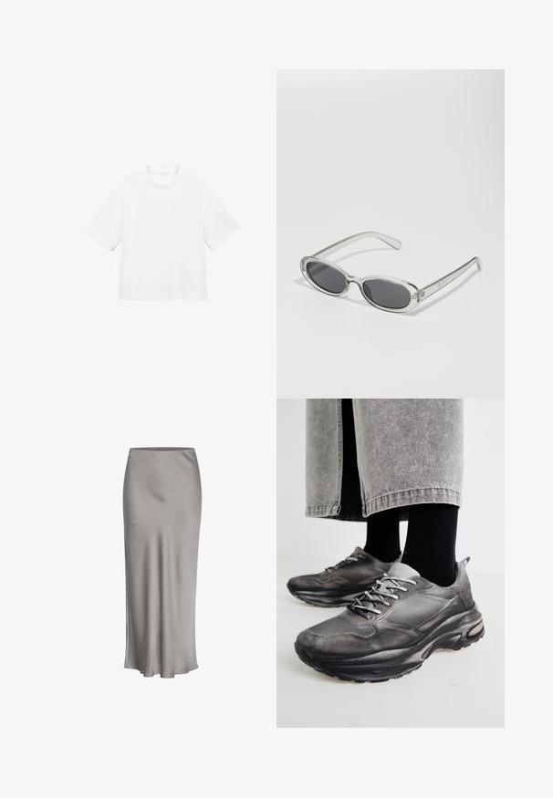 Weißes Baumwoll-T-Shirt mit kurzen Ärmeln und rundem Ausschnitt. Einfaches Design, lockere Passform, glatte Textur. Keine Muster oder Verzierungen sichtbar.; Grauer Satin-Midirock mit glatter Textur, leichtem Schimmer und ausgestelltem Saum, der ein einfaches, klares Design aufweist.; Schwarze und graue Sportschuhe verfügen über ein Obermaterial aus Mesh, dicke Sohlen und Schnürsenkel. Sie haben eine abgerundete Zehenpartie und sichtbare Dämpfungsdetails.; Sonnenbrille mit ovaler Form, klarem Kunststoffrahmen, dunkelgrauen Gläsern und dünnen transparenten Bügeln mit Logo-Akzenten und minimalen Details.