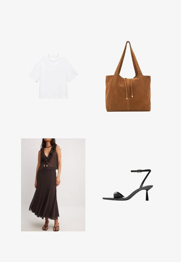 T-shirt bianca in cotone a maniche corte con scollatura rotonda. Design semplice, vestibilità ampia, texture liscia. Nessun motivo o accento visibile.; Abito marrone senza maniche con scollatura a V arricciata, davanti annodato e gonna fluida. Il tessuto leggero e la vita aderente esaltano la silhouette.; Bershka Sandali con tacco - black; Borsa a tracolla in suede marrone con due lunghe cinghie, chiusura con cordoncino e design minimalista. Texture liscia e senza elementi hardware visibili.