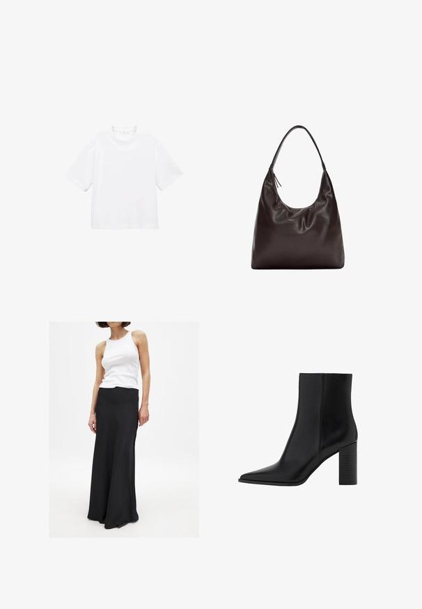Witte katoenen t-shirt met korte mouwen en een ronde hals. Eenvoudig ontwerp, losse pasvorm, gladde textuur. Geen patronen of accenten zichtbaar.; Zwarte maxirok van gladde stof, met een fitted taille en een lichte flare naar de zoom toe. Gecombineerd met een witte tanktop.; Zwarte leren enkellaars met een spitse neus, vierkante hak, een gladde textuur en stikdetails langs de naden. De hakken zijn ongeveer 8,9 cm hoog.; Bruine leren schoudertas met een zachte, slappe vormgeving. De tas heeft een brede schouderriem en een minimalistische uitstraling, aangevuld met een subtiele textuur.