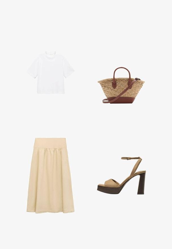 T-shirt blanc en coton à manches courtes avec un col rond. Design simple, coupe décontractée, texture lisse. Aucun motif ni accent visible.; Jupe midi beige en tissu léger, dotée d'une taille élastique, d'un design froncé et d'un ourlet avec un détail de frange subtil.; Sandales à talons hauts en suede beige avec une large bride avant et une bride à la cheville, dotées d'un chunky talon en bois avec une finition texturée.; Sac en osier tissé avec des accents en cuir marron, deux poignées et une bandoulière détachable. Forme courbée avec une base robuste.