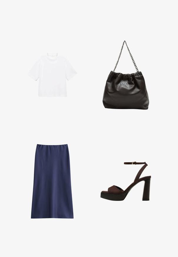 T-shirt bianca in cotone a maniche corte con scollatura rotonda. Design semplice, vestibilità ampia, texture liscia. Nessun motivo o accento visibile.; Gonna blu navy a metà coscia realizzata in tessuto liscio, caratterizzata da un design semplice e dritto con una vita elastica e senza chiusure visibili.; Sandal in camoscio marrone con tacco alto, punta aperta, cinturino alla caviglia regolabile e suola a piattaforma striata.; Borsa in pelle marrone con parte superiore arricciata e tracolla a catena. Texture liscia con finitura lucida e dettagli di cucitura sottili sui lati.