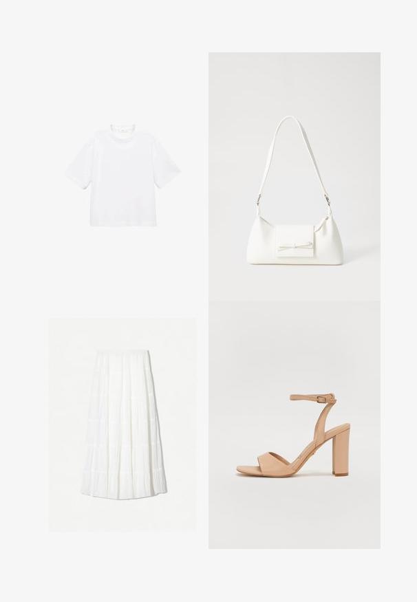 Witte katoenen t-shirt met korte mouwen en een ronde hals. Eenvoudig ontwerp, losse pasvorm, gladde textuur. Geen patronen of accenten zichtbaar.; Witte maxi-jurk van lichtgewicht stof met een gelaagde structuur en horizontale naden. Elastische tailleband met een vloeiende silhouet.; Beige hoge hak sandaal met een enkelbandje, open teen, glad leren materiaal en een blokhakontwerp.; Witte synthetische handtas met een driehoekige vorm, platte voorklep en strikdetail, verstelbare schouderriem, gladde textuur en minimalistisch ontwerp.