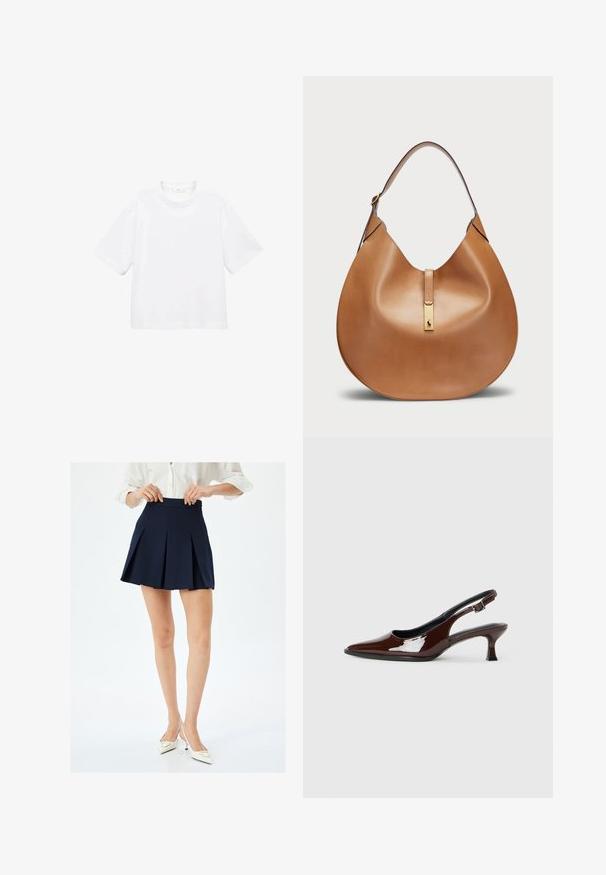 Witte katoenen t-shirt met korte mouwen en een ronde hals. Eenvoudig ontwerp, losse pasvorm, gladde textuur. Geen patronen of accenten zichtbaar.; Marineblauwe geplooide rok met een hoge tailleband en een gladde textuur, heeft scherpe mesplooien en een minimalistisch ontwerp. Draagt met witte hakken.; Bruine gepatineerde leren slingback-schoen met een spitse neus en een gematigd hakje. Voorzien van een gespsluiting voor een veilige pasvorm. Glad van textuur.; Tan leren handtas met een gebogen vorm en een brede schouderband. Heeft een gouden metalen accent in het midden en een gladde textuur.
