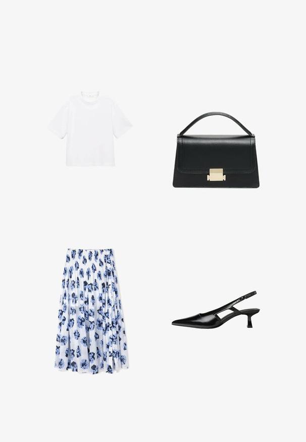 T-shirt bianca in cotone a maniche corte con scollatura rotonda. Design semplice, vestibilità ampia, texture liscia. Nessun motivo o accento visibile.; Una gonna plissettata realizzata in tessuto leggero, con sfondo bianco e motivi floreali blu con accenti scuri.; Tacchi slingback in pelle verniciata nera con punta affusolata, design con tagli laterali e tacco quadrato piccolo. Texture liscia con dettagli minimi.; Borsa a tracolla in pelle nera con design strutturato, manico superiore e dettaglio in metallo dorato sulla parte frontale. Texture liscia, cuciture minime.