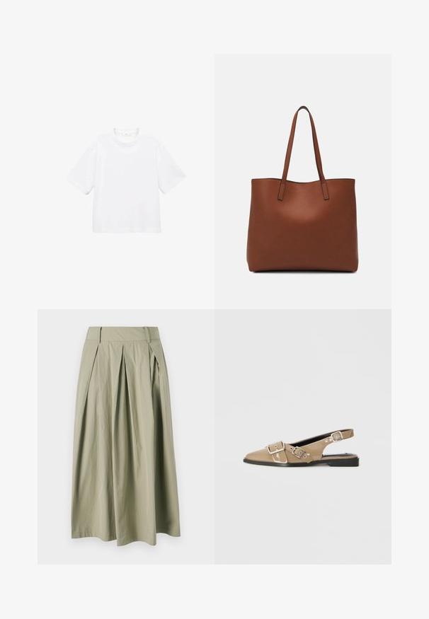 Bela bombažna majica s kratkimi rokavi in okroglo ovratnikom. Preprost dizajn, ohlapen kroj, gladka tekstura. Brez vzorcev ali vidnih poudarkov.; Plisirana midi krila v svetlo olivni zeleni barvi, izdelana iz lahko tkanine z gladkim potekom. Ima visok pas in rahlo padajočo silhueto.; Bež čevlji na peto s patentirano površino, s poudarjenim nosom, dvema nastavljivima zaponkama in nizko črno peto. Gladka tekstura z lesketajočo površino.; Rjava usnjena torba z gladko teksturo, odprto zasnovo zgoraj in dvema naramnima trakovoma. Opremljena je z minimalnim šivanjem in brez vidnih kovinskih delov.