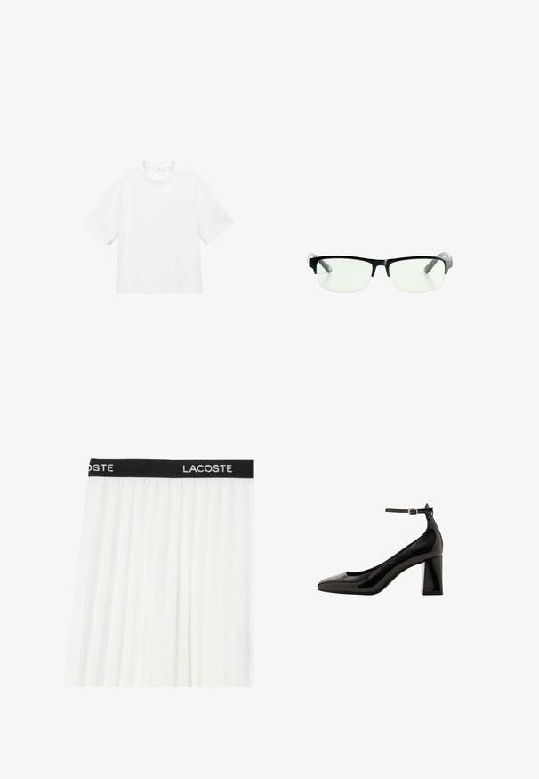 Bijela pamučna majica kratkih rukava s okruglim izrezom. Jednostavan dizajn, slobodan kroj, glatka tekstura. Nema vidljivih uzoraka ili akcenta.; Bijela plisirana suknja s crnim pojasom na kojem se nalazi bijeli izvezeni natpis "LACOSTE". Lagani, lepršavi materijal s glatkom teksturom.; Crne lakirane cipele s remenom oko gležnja i sjajnom završnom obradom, s šiljastim vrhom i debelim blok-potpeticom. Glatka tekstura, minimalno detalja.; Crna pravokutna naočala s prozirnim lećama, sa sofisticiranim crnim okvirom i sivim prozirnim drškama. Minimalistički dizajn, bez vidljivog brendiranja.; Smeđa antilop torba za ruke s dva duga remena, zatvaranje na vezicu i minimalistički dizajn. Glatka tekstura i bez vidljivih metalnih elemenata.