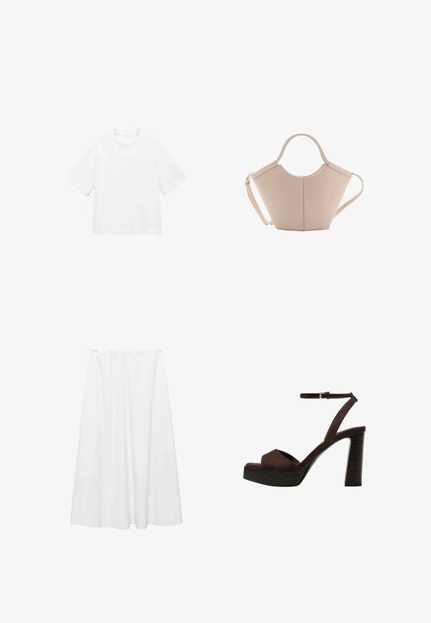Weißes Baumwoll-T-Shirt mit kurzen Ärmeln und rundem Ausschnitt. Einfaches Design, lockere Passform, glatte Textur. Keine Muster oder Verzierungen sichtbar.; Weiße Midirock aus leichtem Stoff, mit elastischem Bund, glatter Textur und einer leicht ausgestellten Silhouette mit Saum.; Braune Wildleder-Pumps mit offenem Zeh, verstellbarem Knöchelriemen und gestreiftem Plateausohlen.; Beige Lederhandtasche mit einer einzigartigen Form, die zwei kurze Henkel und einen langen verstellbaren Riemen aufweist. Glatte Textur mit minimalen Hardware-Elementen.