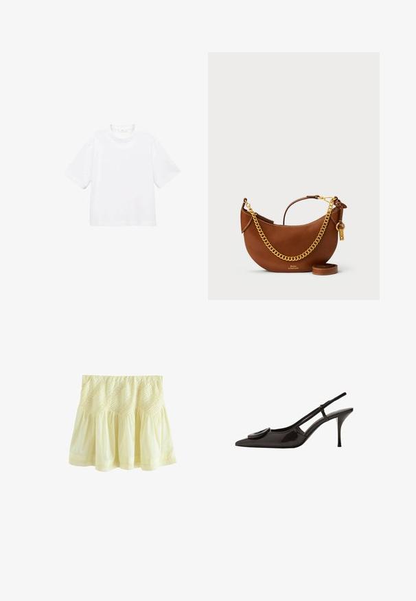 T-shirt blanc en coton à manches courtes avec un col rond. Design simple, coupe décontractée, texture lisse. Aucun motif ni accent visible.; Jupe jaune à étages en tissu léger. Elle présente une texture froncée et une couture décorative le long de la taille et de l'ourlet.; Escarpin en cuir verni noir avec un bout pointu, un design minimaliste, un petit accent circulaire sur l'empeigne et un talon fin.; Sac à main en cuir brun avec un design courbé, une chaîne dorée, une poche intérieure et une bandoulière amovible. Présente des coutures contrastantes.