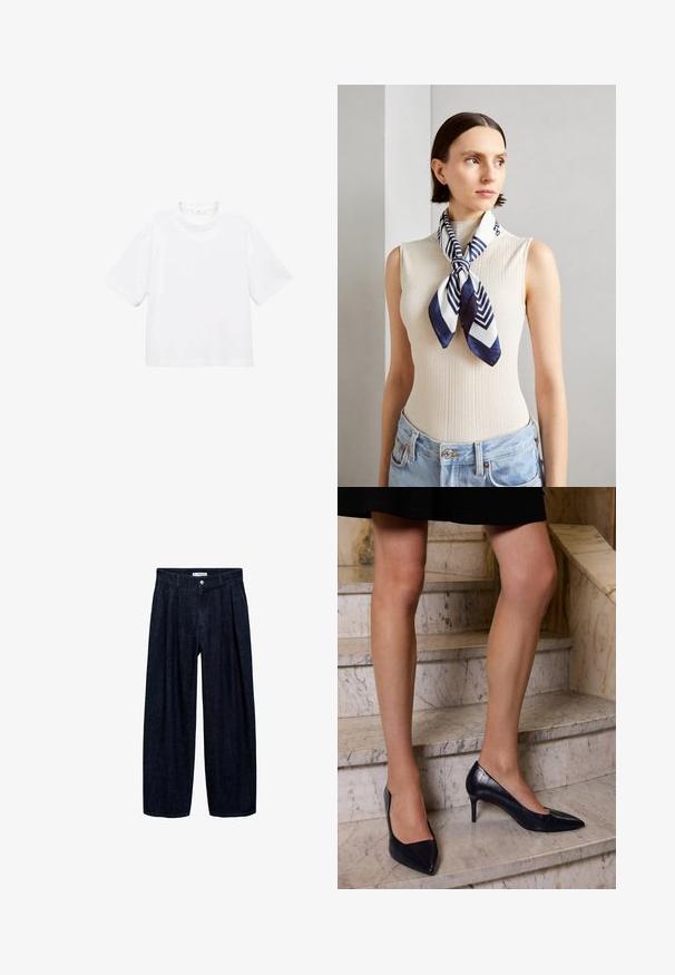 White cotton short-sleeve t-shirt with a round neckline. Simple design, loose fit, smooth texture. No patterns or accents visible.; Dark denim wide-leg trousers with pleats at the waist, featuring a front button and belt loops. Smooth texture and full-length design.; Navy blue high-heeled shoes with a pointed toe, featuring a smooth and textured finish resembling crocodile skin.; Silk scarf in navy blue and white with a geometric zigzag pattern. Smooth texture, tied neatly around the neck, complementing a ribbed top.; Brown leather shoulder bag with a structured shape, featuring a magnetic flap closure and a metallic logo accent on the front.