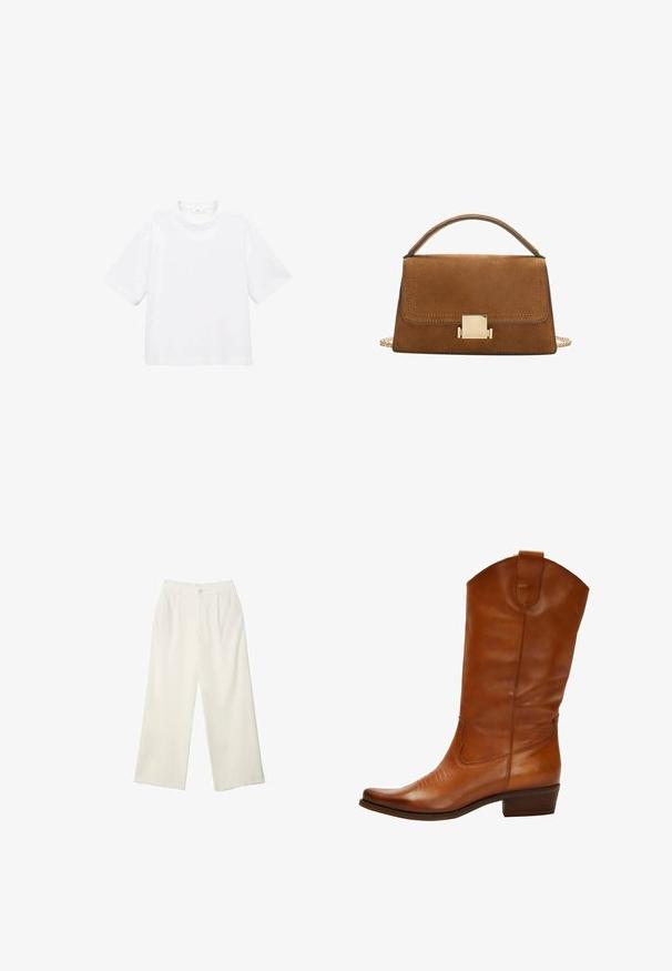 Bílý bavlněný tričko s krátkým rukávem a kulatým výstřihem. Jednoduchý design, volný střih, hladká textura. Žádné vzory ani zvýraznění nejsou viditelné.; Široké kalhoty z krémové látky s hladkým povrchem, s jediným předním knoflíkem, jemnými skladbami a vysokým pasem.; Hnědá kožená kovbojská bota s špičatou špičkou, dekorativním šitím na svršku a nízkým stojanovým podpatkem. Obsahuje poutko na vrchu.; Hnědá semišová kabelka se zlatým čtvercovým zapínáním, horním uchopem a řetízkovým popruhem. Vyznačuje se obdélníkovým tvarem a zaoblenými okraji.