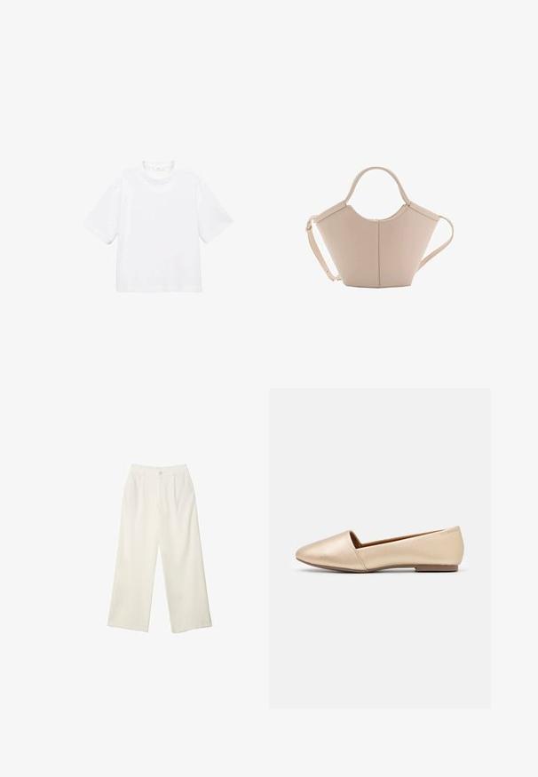 Biely bavlnený tričko s krátkym rukávom a okrúhlym výstrihom. Jednoduchý dizajn, voľný strih, hladká textúra. Žiadne vzory ani akcenty nie sú viditeľné.; Široké nohavice z krémovej látky s hladkou textúrou, s jedným predným gombíkom, jemnými skladmi a vysokým pásom.; Ploché topánky vyrobené z mäkkej béžovej kože s okrúhlou špičkou, hladkou textúrou a minimalistickým dizajnom. Nízky profil podrážky pre pohodlné nosenie.; Béžová kožená kabelka s unikátnym tvarom, vybavená dvoma krátkymi uchami a jedným dlhým nastaviteľným popruhom. Hladký povrch s minimálnym kovovým príslušenstvom.