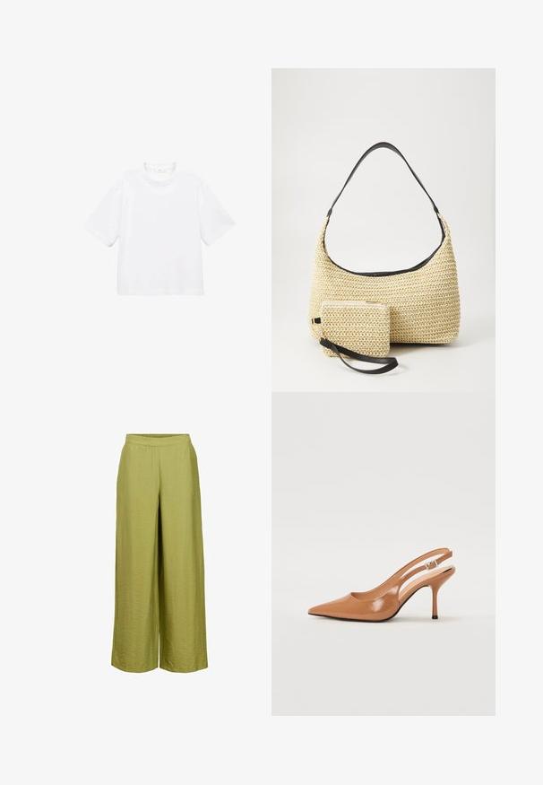 White cotton short-sleeve t-shirt with a round neckline. Simple design, loose fit, smooth texture. No patterns or accents visible.; Object MIT WEITEM BEIN - Trousers - mosstone; Pointed toe slingback heel in a smooth, glossy tan material. Features a curved cutout design and a slender stiletto heel. Silver buckle detail.; Woven straw handbag with a curved silhouette, featuring a smooth black leather strap and a matching small pouch attached by a wrist strap.
