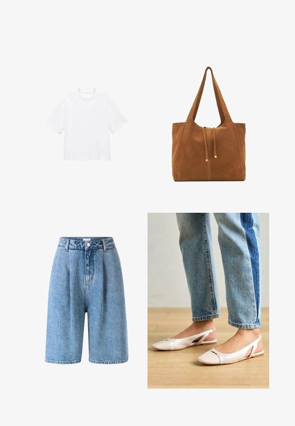 Weißes Baumwoll-T-Shirt mit kurzen Ärmeln und rundem Ausschnitt. Einfaches Design, lockere Passform, glatte Textur. Keine Muster oder Verzierungen sichtbar.; Helle blaue Denim-Shorts mit hoher Taille, mit Falten an der Vorderseite, einem Knopfverschluss und einem geraden, knielangen Schnitt.; Blassrosa Slingback-Ballerinas mit spitzem Punkt, aus einem glatten, lederähnlichen Material. Mit Ausschnitten an den Seiten und einem flachen Absatz.; Braune Wildleder-Tasche mit zwei langen Trägern, Zugverschluss und minimalistischem Design. Glatte Textur und keine sichtbaren Hardware-Details.