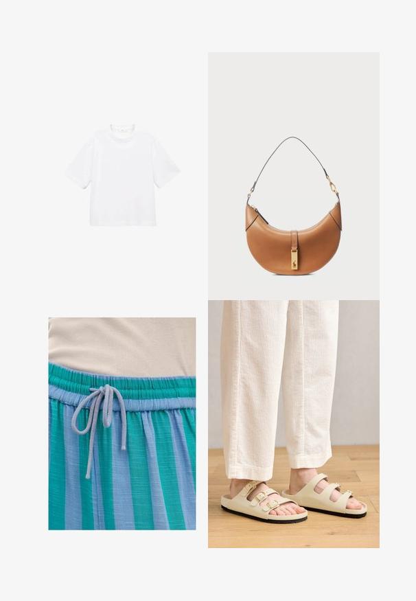 Weißes Baumwoll-T-Shirt mit kurzen Ärmeln und rundem Ausschnitt. Einfaches Design, lockere Passform, glatte Textur. Keine Muster oder Verzierungen sichtbar.; Leichtes, blau- und grün gestreiftes Gewebe mit einem elastischen Bund und einer Kordelzugverschluss. Texturierte Oberfläche mit subtiler Glanzwirkung.; Hellbeige Sandalen mit drei verstellbaren Riemen und metallischen Schnallen, einem gepolsterten Fußbett und einer schwarzen Gummisohle.; Taschenhandtasche aus tanfarbenem Leder mit geschwungener Form, goldenen Beschlägen und einem dünnen Schulterriemen. Verfügt über einen Reißverschlussverschluss und ein Logodetail auf der Vorderseite.
