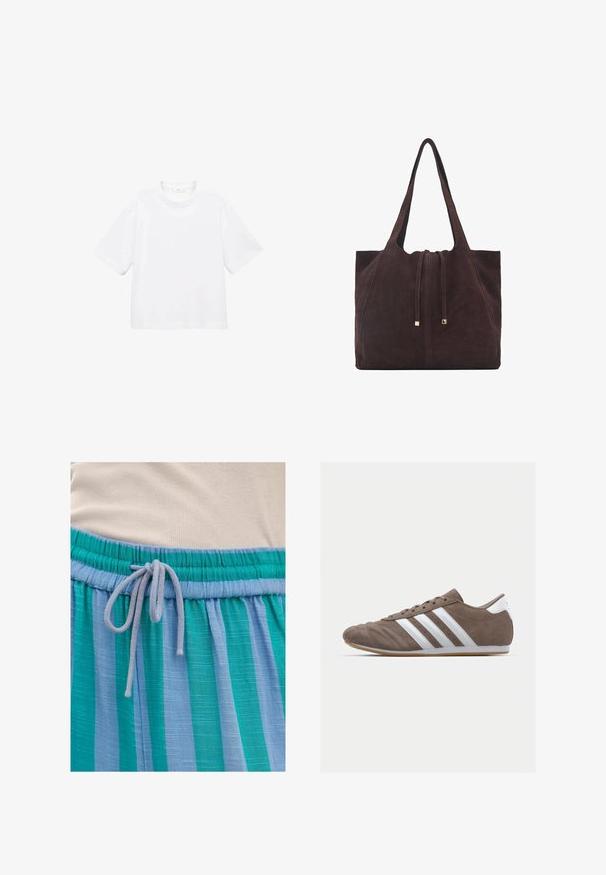 Weißes Baumwoll-T-Shirt mit kurzen Ärmeln und rundem Ausschnitt. Einfaches Design, lockere Passform, glatte Textur. Keine Muster oder Verzierungen sichtbar.; Leichtes, blau- und grün gestreiftes Gewebe mit einem elastischen Bund und einer Kordelzugverschluss. Texturierte Oberfläche mit subtiler Glanzwirkung.; Braune Wildleder-Sportschuhe mit weißen Streifen, runder Zehenform, Schnürdesign und Gummisohle. Strukturiertes Obermaterial mit Nahtdetails.; Mango Shopping Bag - dark brown
