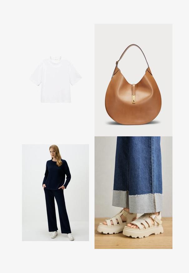 Witte katoenen t-shirt met korte mouwen en een ronde hals. Eenvoudig ontwerp, losse pasvorm, gladde textuur. Geen patronen of accenten zichtbaar.; Marineblauwe gebreide trui en bijpassende wijde broek. Gelaagd stof, ronde halslijn en zijzakken. Gecombineerd met witte sneakers.; Beige platform sandalen met dikke zolen hebben een gestructureerd ontwerp en verstelbare enkelriemen. Gecombineerd met brede denim broeken, waarvan één zoom is geverfd.; Tan leren handtas met een gebogen vorm en een brede schouderband. Heeft een gouden metalen accent in het midden en een gladde textuur.