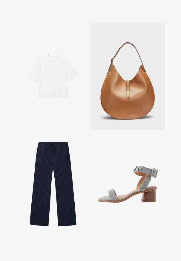 Witte katoenen t-shirt met korte mouwen en een ronde hals. Eenvoudig ontwerp, losse pasvorm, gladde textuur. Geen patronen of accenten zichtbaar.; Marineblauwe wijde broek met een gestreept patroon, voorzien van een elastische tailleband met een trekkoord, zijzakken en een textuurstof.; Next FOREVER COMFORTREGULAR FIT - Sandalen - blue; Tan leren handtas met een gebogen vorm en een brede schouderband. Heeft een gouden metalen accent in het midden en een gladde textuur.