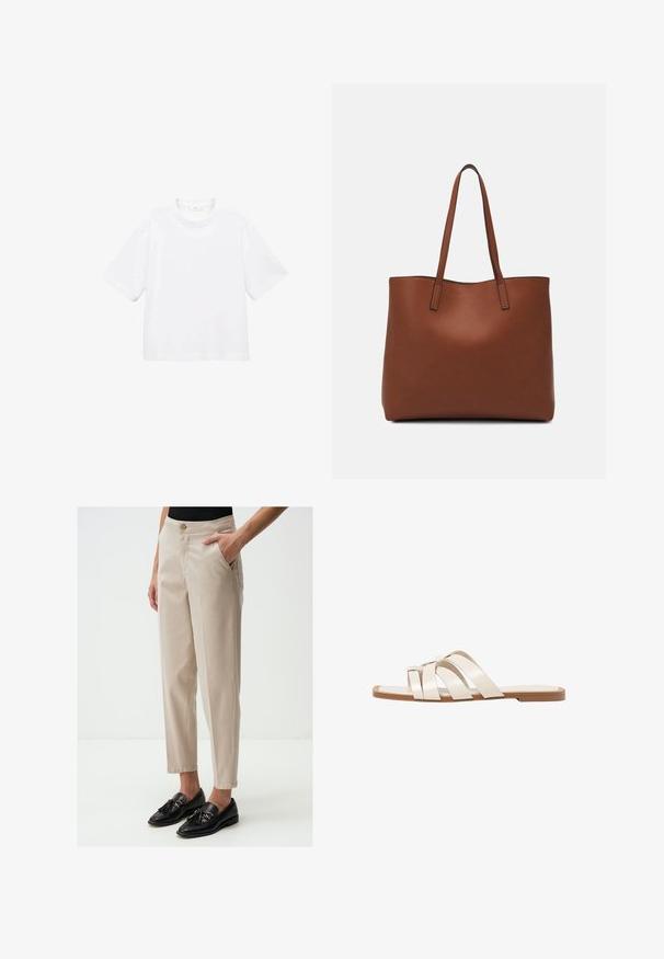 White cotton short-sleeve t-shirt with a round neckline. Simple design, loose fit, smooth texture. No patterns or accents visible.; Beige tailored trousers with side pockets, tapered fit, and a button closure at the waist, paired with black loafers featuring tassel accents.; Flat sandals with a tan rubber sole, designed with three overlapping white leather straps and a small bow detail at the center.; Brown leather tote bag with a smooth texture, open top design, and two shoulder straps. Features minimal stitching and no visible hardware.