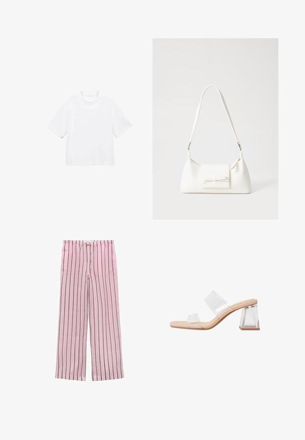 Bijela pamučna majica kratkih rukava s okruglim izrezom. Jednostavan dizajn, slobodan kroj, glatka tekstura. Nema vidljivih uzoraka ili akcenta.; Roza prugaste hlače širokog kroja s crnim i sivim okomitim prugama. Izrađene od lagane tkanine, s elastičnom gumom u struku za udobnost.; Prozirne sandale na visokoj potpetici s dvije prozirne trake, bež podlogom i geometrijskom prozirnom blok-potpeticom. Minimalistički dizajn s glatkom teksturom.; Bijela sintetička torbica s trokutastim oblikom, ravnim prednjim poklopcem i detaljem u obliku mašne, podesivom remenom, glatkom teksturom i minimalističkim dizajnom.