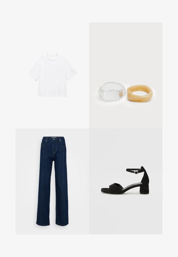 T-shirt bianca in cotone a maniche corte con scollatura rotonda. Design semplice, vestibilità ampia, texture liscia. Nessun motivo o accento visibile.; Jeans a vita alta di colore blu scuro, con gamba larga, tasche anteriori, passanti per cintura e cuciture a contrasto, su uno sfondo chiaro e semplice.; Sandali con tacco in suede nero, con una sottile fascia alla caviglia, design open toe e un discreto tacco a blocco. Texture liscia e decorazioni minime.; Anelli in resina trasparente e ambra, uno liscio e trasparente, l'altro con una finitura testurizzata in ambra. Entrambi presentano un design rotondo e corposo.