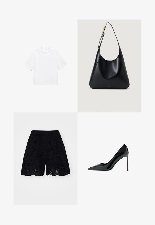 Tricou alb din bumbac, cu mânecă scurtă și guler rotund. Design simplu, croială lejeră, textură fină. Nu sunt vizibile modele sau accente.; Shorts negri cu modele complicate brodate decupate, tiv ondulat și talie elastică pentru confort.; Pantofii cu toc stiletto din piele patent neagră au vârful ascuțit și o textură netedă, lucioasă; toc înalt și subțire; design minimalist.; Geantă de umăr din piele neagră, cu o textură netedă, siluetă curbată și un accent din hardware aurit. Prezintă logo-ul brandului embosat la bază.