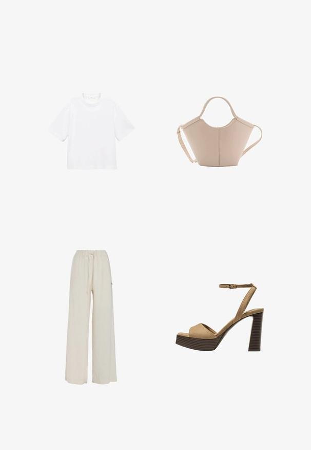 Witte katoenen t-shirt met korte mouwen en een ronde hals. Eenvoudig ontwerp, losse pasvorm, gladde textuur. Geen patronen of accenten zichtbaar.; Knit Factory FERN - Broek - beige; Beige suède hoge hakken sandalen met een brede voorband en enkelband, met een dikke houten blokhak met een gestructureerde afwerking.; Beige leren handtas met een unieke vorm, voorzien van twee korte handvatten en een lange verstelbare schouderriem. Glad oppervlak met minimale hardware.