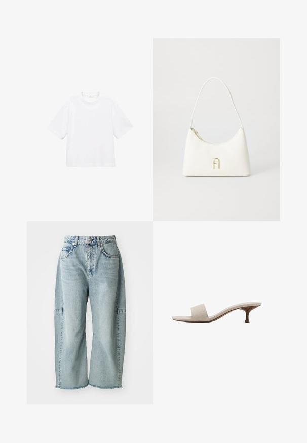 White cotton short-sleeve t-shirt with a round neckline. Simple design, loose fit, smooth texture. No patterns or accents visible.; Light blue denim jeans feature a wide-leg design, frayed hems, and patchwork accents. Made from soft, textured cotton material.; Heel-less sandal with a beige woven fabric upper, open toe, and curved wooden midsole. The design features a smooth texture and minimalist shape.; White handbag with a curved shape and smooth texture. Features a gold-tone logo accent and a zipper closure. Adjustable shoulder strap.