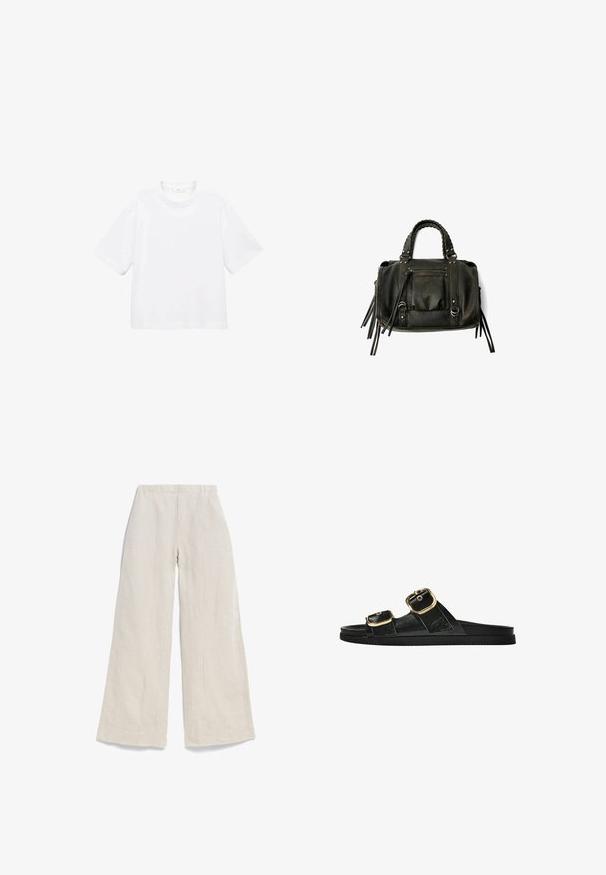 Weißes Baumwoll-T-Shirt mit kurzen Ärmeln und rundem Ausschnitt. Einfaches Design, lockere Passform, glatte Textur. Keine Muster oder Verzierungen sichtbar.; Helle beige Weitbeine-Hose aus Leinen, mit einer glatten Textur, elastischem Taillenbund und gesteppten vorderen Falten für zusätzlichen Design-Details.; Schwarze Riemensandale mit zwei goldenen Schnallendetails, glattem Material, flachem Sohlen und minimalistischer Gestaltung.; Schwarze Lederhandtasche mit geflochtenen Griffen, Reißverschlussfach und hängenden Quasten. Strukturiert Oberfläche mit Metallnieten und Hardware-Akzenten.