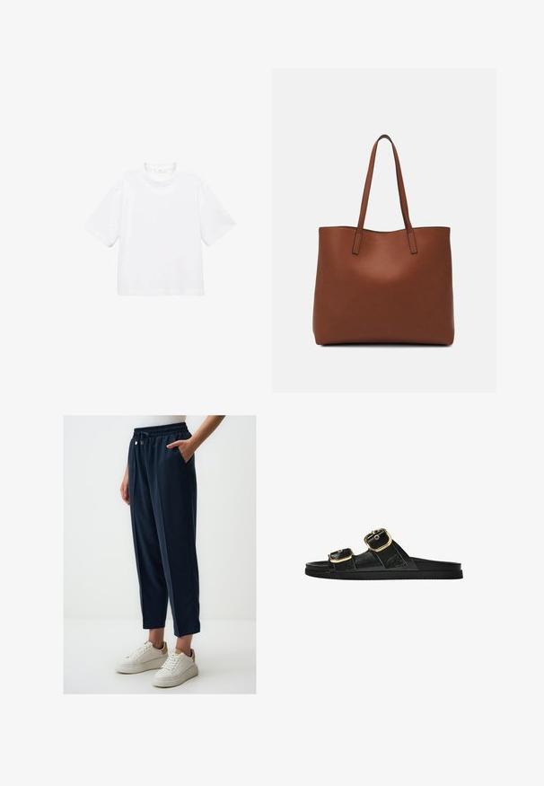 Witte katoenen t-shirt met korte mouwen en een ronde hals. Eenvoudig ontwerp, losse pasvorm, gladde textuur. Geen patronen of accenten zichtbaar.; Marineblauwe, lichtgewicht joggingsbroeken met een elastische tailleband en zijzakken, gecombineerd met witte sneakers. Gladde textuur, cropped ontwerp.; Zwarte slipper met twee gouden gesps, gladde textuur, platte zool en een minimalistisch ontwerp.; Bruine leren tote bag met een gladde textuur, een ontwerp met een open bovenkant en twee schouderbanden. Kenmerkt zich door minimale stiksels en geen zichtbare hardware.