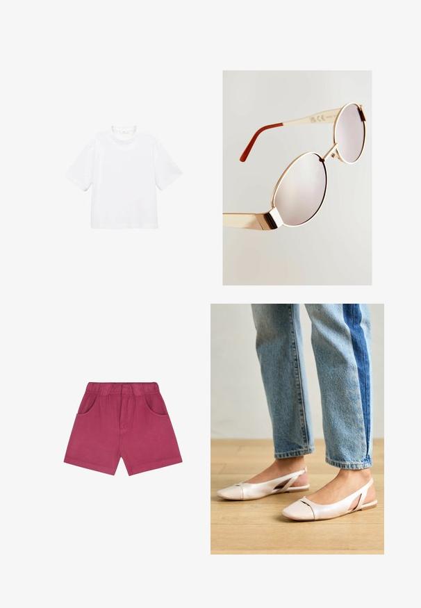 T-shirt blanc en coton à manches courtes avec un col rond. Design simple, coupe décontractée, texture lisse. Aucun motif ni accent visible.; Shorts couleur fuchsia en tissu doux, avec une taille élastique, deux poches latérales et une coupe droite à mi-cuisse.; Ballerines slingback rose pâle avec un bout pointu, fabriquées en un matériau semblable au cuir lisse. Présentent des découpes sur les côtés et un talon plat.; Lunettes de soleil en métal doré avec de grandes lentilles rondes, teinte dégradée et branches avec accents marron. Pont carré et finition polie sur les montures.