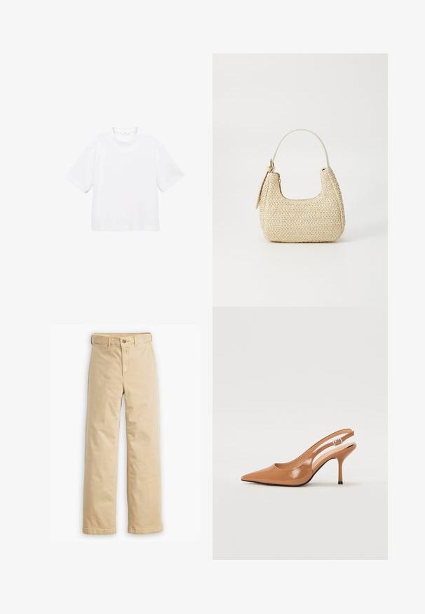 Weißes Baumwoll-T-Shirt mit kurzen Ärmeln und rundem Ausschnitt. Einfaches Design, lockere Passform, glatte Textur. Keine Muster oder Verzierungen sichtbar.; Beige Hosen mit geradem Bein aus einem Baumwollgemisch, ausgestattet mit einem Knopfverschluss und Standardtaschen vorne und hinten.; Spitz zulaufender Slingback-Absatz aus einem glatten, glänzenden, tanfarbenen Material. Mit einem geschwungenen Ausschnitt-Design und einem schlanken Stiletto-Absatz. Silberne Schnallendetails.; Beige geflochtene Strohtasche mit geschwungener Form, einem kurzen Griff und einem seitlichen Reißverschluss. Verfügt über eine strukturierte Oberfläche und ein minimalistisches Design.