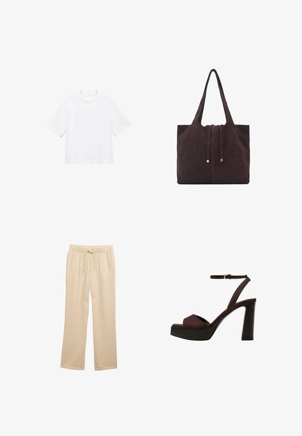 Biely bavlnený tričko s krátkym rukávom a okrúhlym výstrihom. Jednoduchý dizajn, voľný strih, hladká textúra. Žiadne vzory ani akcenty nie sú viditeľné.; Krémové široké nohavice vyrobené z textúrovanej tkaniny, s elastickým pásom a šnúrkou na úpravu veľkosti.; Hnedé semišové sandále na vysokom podpätku s otvorenou špičkou, nastaviteľným členkovým remienkom a pruhovanou platformovou podrážkou.; Mango Veľká kabelka - dark brown