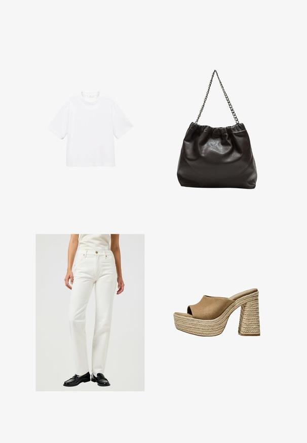 T-shirt bianca in cotone a maniche corte con scollatura rotonda. Design semplice, vestibilità ampia, texture liscia. Nessun motivo o accento visibile.; Jeans in denim bianco con vestibilità dritta, cinque tasche, hardware in rame e chiusura con bottone. Texture liscia e design classico.; Mule in suede marrone con platform e punta aperta, dotati di un tacco in juta intrecciata chunky e un design superiore liscio e arrotondato.; Borsa in pelle marrone con parte superiore arricciata e tracolla a catena. Texture liscia con finitura lucida e dettagli di cucitura sottili sui lati.