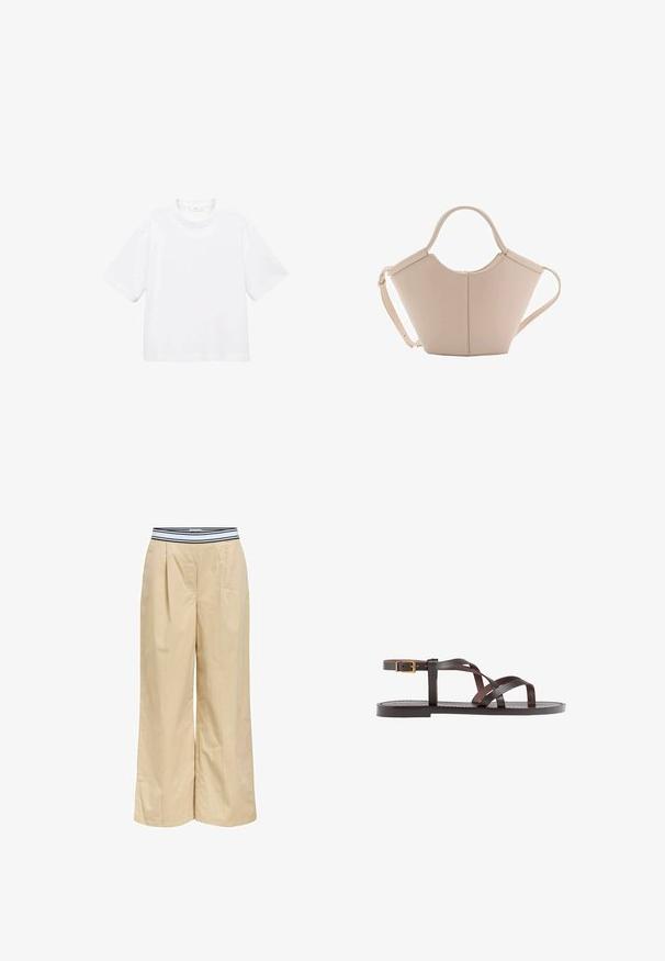 White cotton short-sleeve t-shirt with a round neckline. Simple design, loose fit, smooth texture. No patterns or accents visible.; Beige wide-leg trousers with a black and white striped elastic waistband, featuring front pleats and a smooth cotton texture.; Brown leather sandal featuring crisscross straps, an ankle buckle closure, and a flat sole with minimal stitching details.; Beige leather handbag with a unique shape, featuring two short handles and a long adjustable strap. Smooth texture with minimal hardware.
